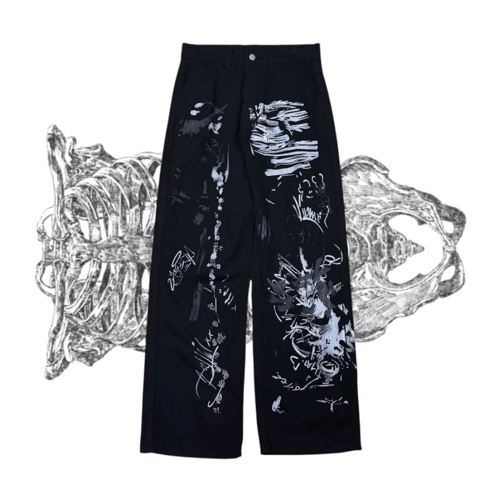 BH Streetwear Graffiti Wide-Leg Pants L Black